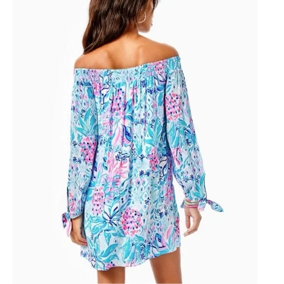 Lilly Pulitzer MaryEllen Off the Shoulder Dress - Zanzibar Blue Party Princess M - Picture 2 of 8